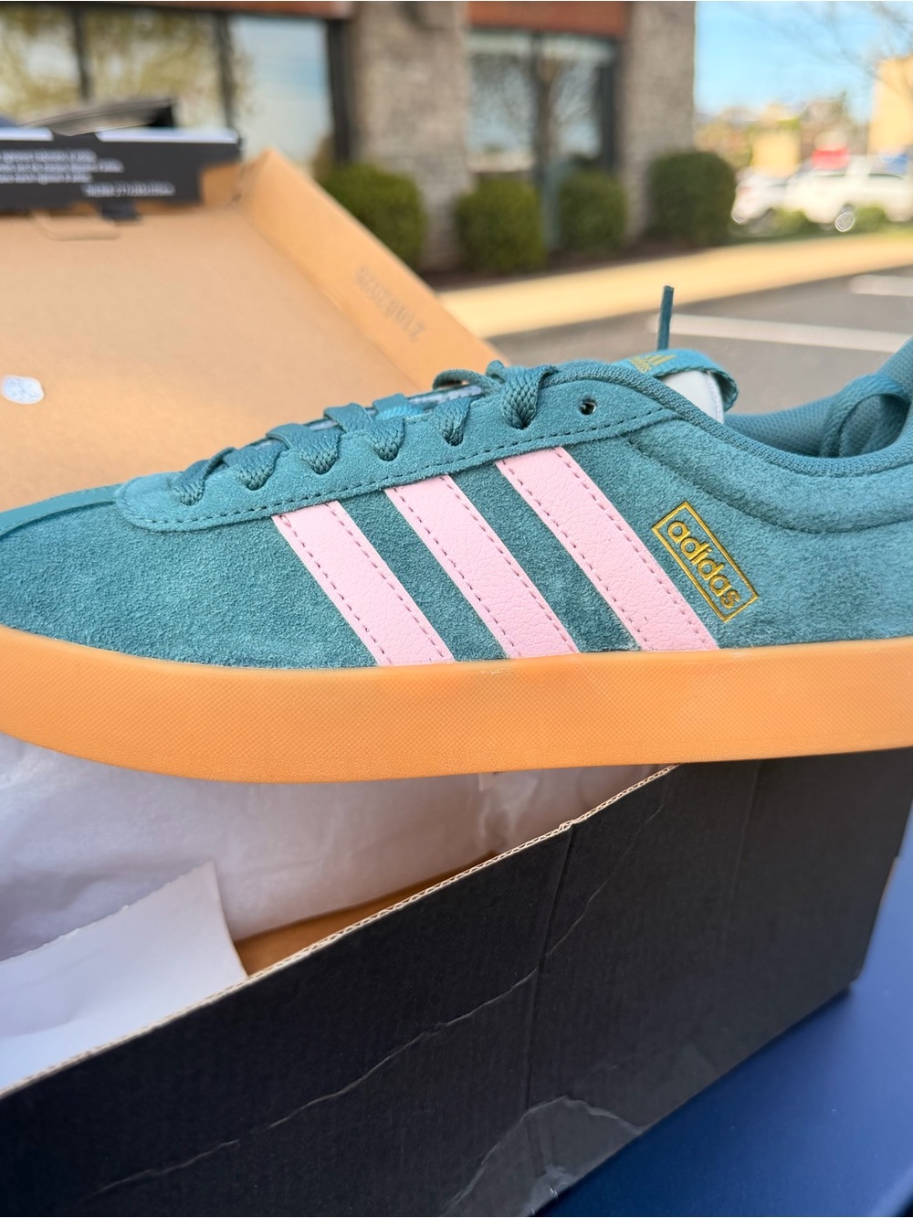 adidas Teal Suede Sneakers with Pink Stripes and Orange Gum Sole - Picture 2 of 7
